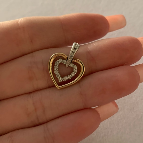 Vintage 10k Solid Gold 2-Tone Yellow & White Gold Real Diamonds Heart Pendant - Picture 4 of 9